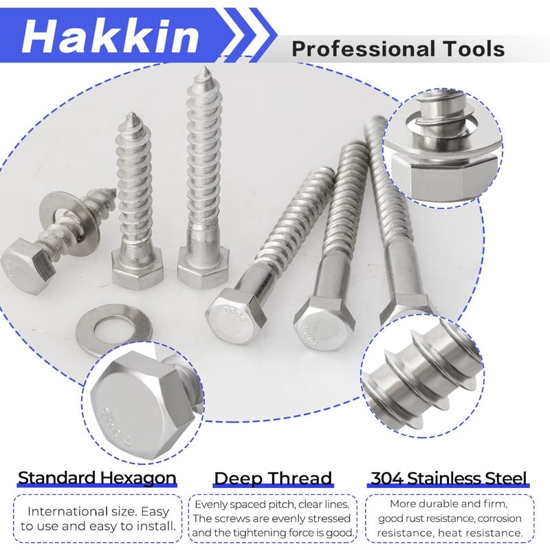 Hakkin 3/8" Hex Lag Screws, 60PCS Assorted Wood Screw & Bolt Assortment Sets 1-1/2" 2" 2-1/2" 3" 3-1/2" 4", Hexagon Head Lag Bolts for Wood, Decks Building,Industrial - Image 2